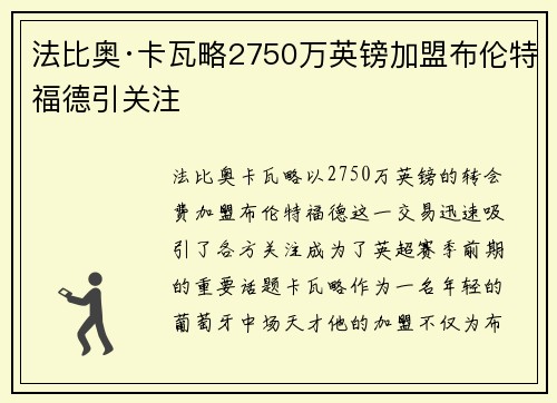 法比奥·卡瓦略2750万英镑加盟布伦特福德引关注